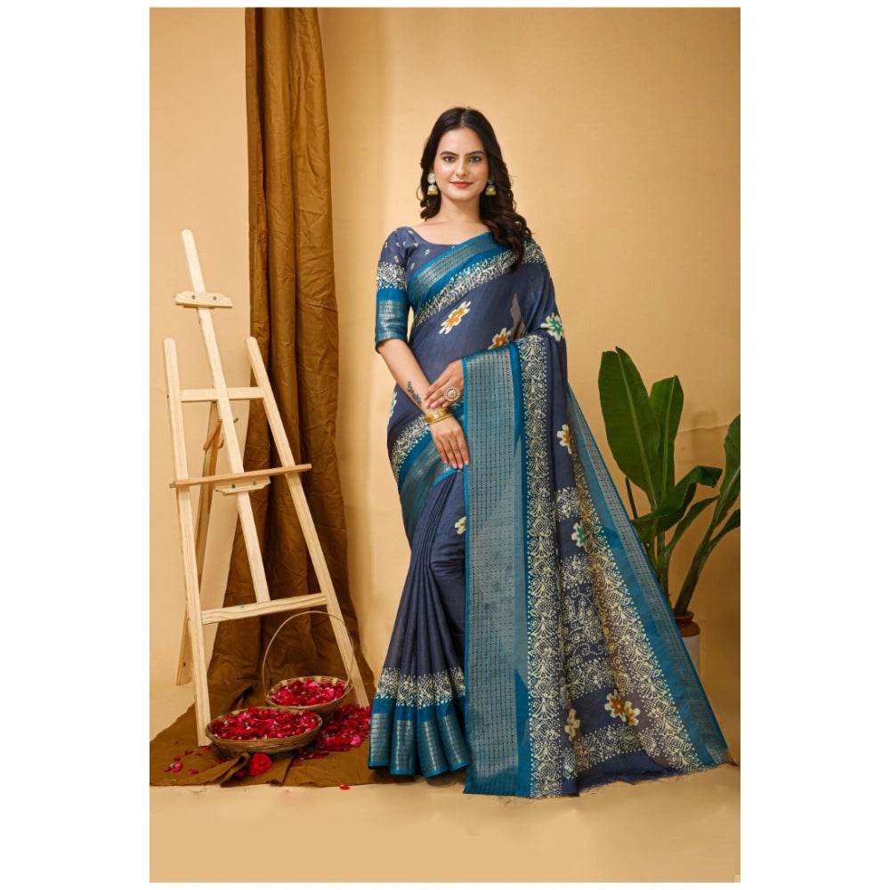 Generic Women's Soft Blooming Marshmallow Fabric Kalamkari Printed Saree With Unstitched Blouse 5.5Mtr (Grey) - MYLUXURY LANE ENTERPRISE