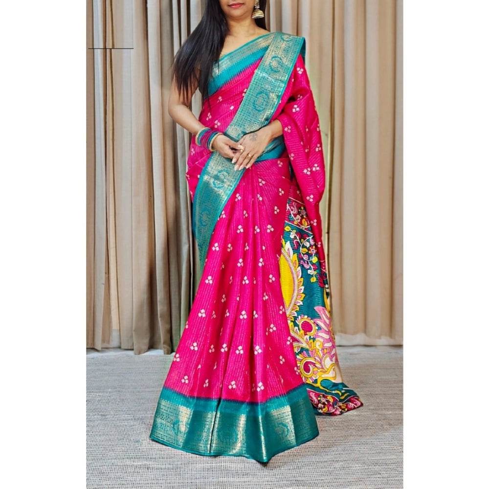 Generic Women's Soft Dola Cotton Kalamkari Printed Saree With Unstitched Blouse 5.5Mtr (Pink) - MYLUXURY LANE ENTERPRISE