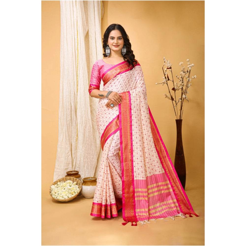 Generic Women's Soft Cotton Silk Printed Saree With Unstitched Blouse 5.5Mtr (Pink) - MYLUXURY LANE ENTERPRISE
