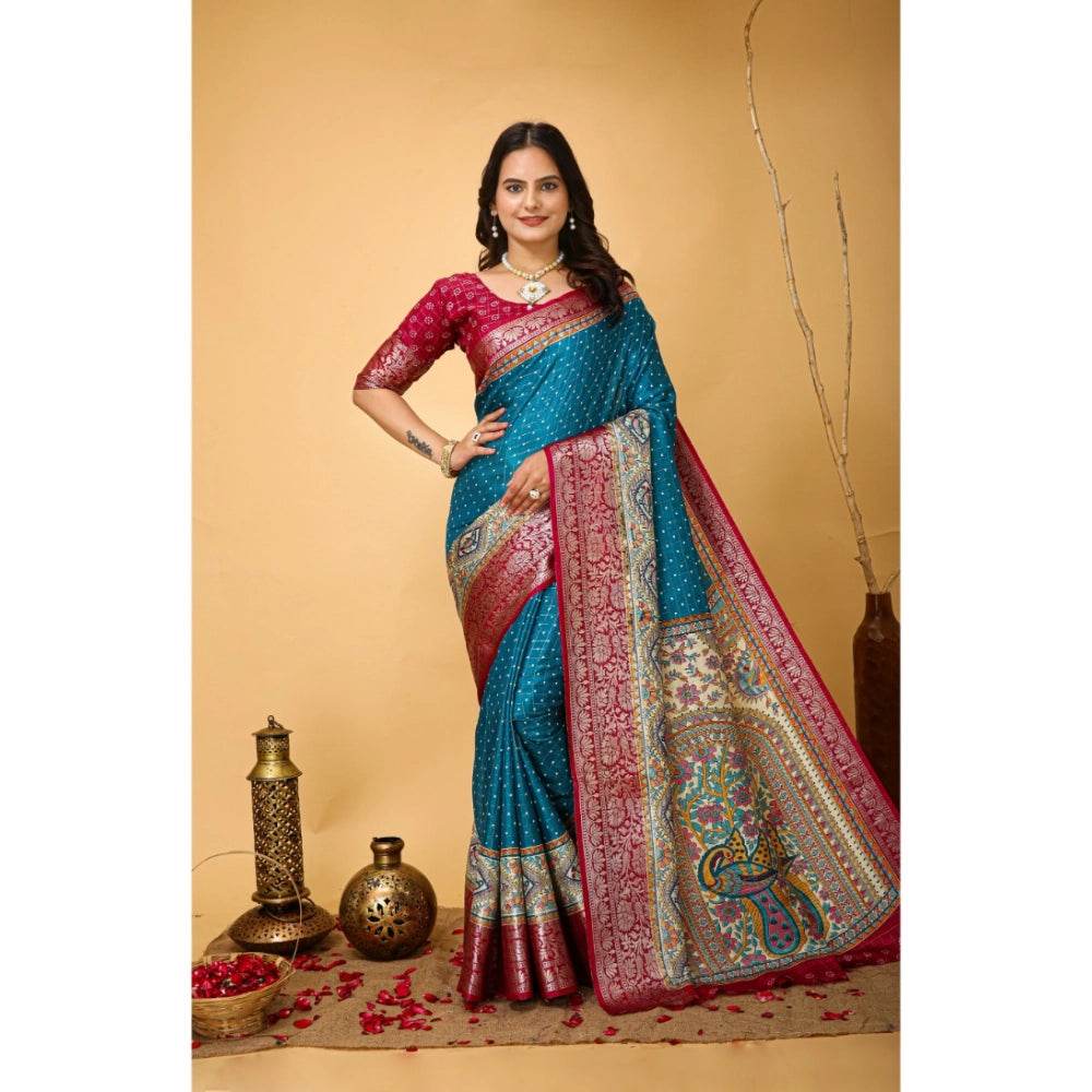 Generic Women's Soft Dola Cotton Kalamkari Printed Saree With Unstitched Blouse 5.5Mtr (Sky Blue) - MYLUXURY LANE ENTERPRISE