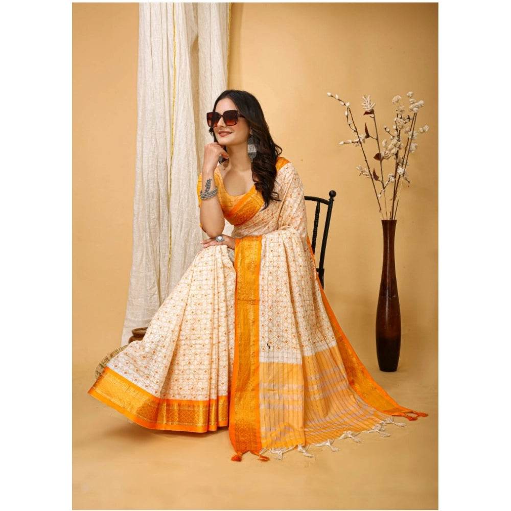 Generic Women's Soft Cotton Silk Printed Saree With Unstitched Blouse 5.5Mtr (Yellow) - MYLUXURY LANE ENTERPRISE