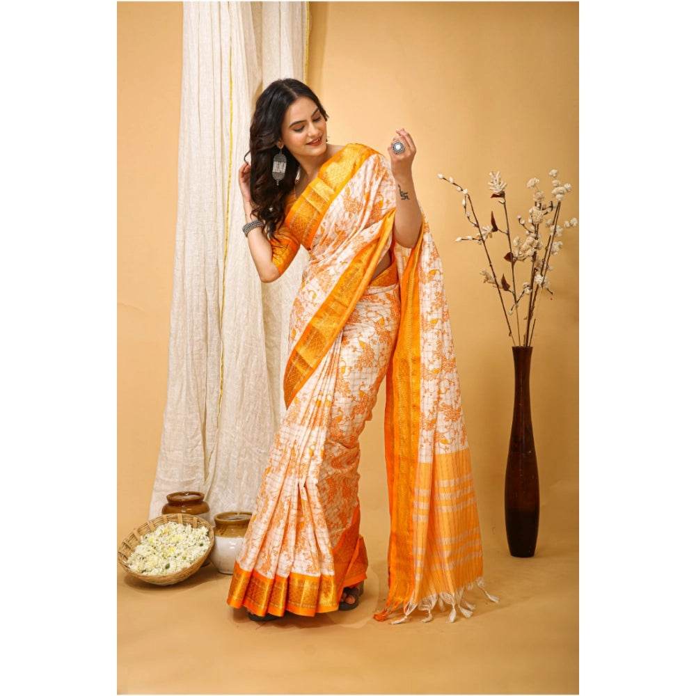 Generic Women's Soft Cotton Silk Printed Saree With Unstitched Blouse 5.5Mtr (Yellow) - MYLUXURY LANE ENTERPRISE