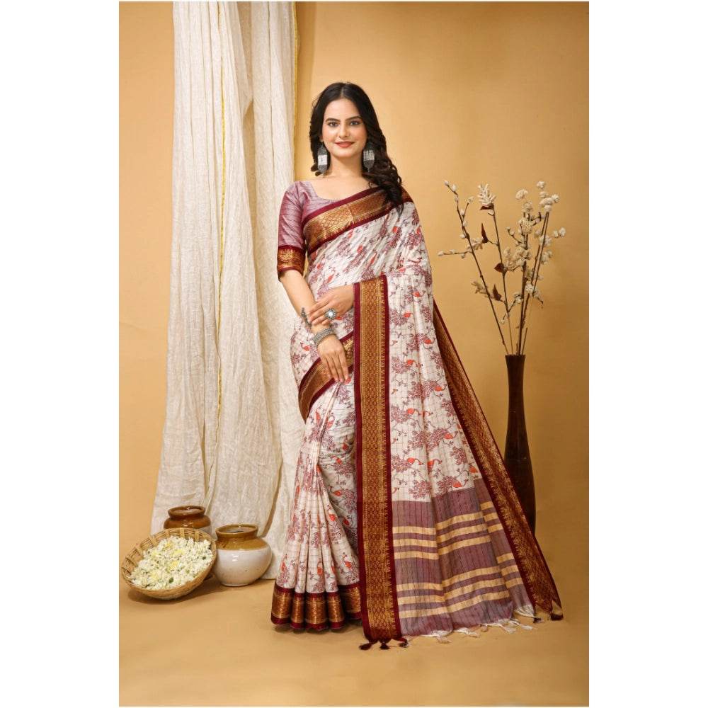 Generic Women's Soft Cotton Silk Printed Saree With Unstitched Blouse 5.5Mtr (Maroon) - MYLUXURY LANE ENTERPRISE