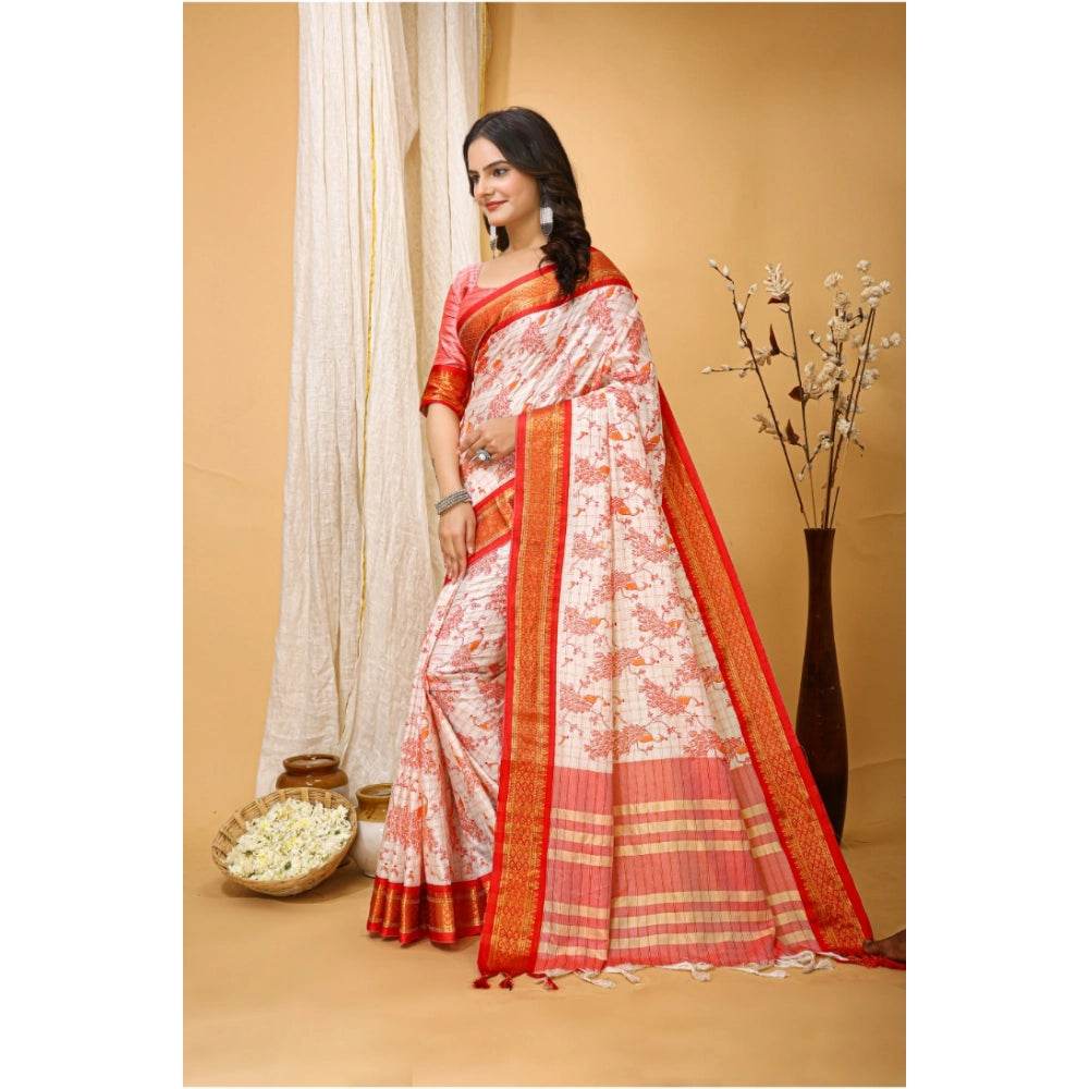Generic Women's Soft Cotton Silk Printed Saree With Unstitched Blouse 5.5Mtr (Red) - MYLUXURY LANE ENTERPRISE