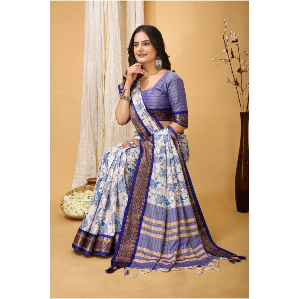 Generic Women's Soft Cotton Silk Printed Saree With Unstitched Blouse 5.5Mtr (Purple) - MYLUXURY LANE ENTERPRISE