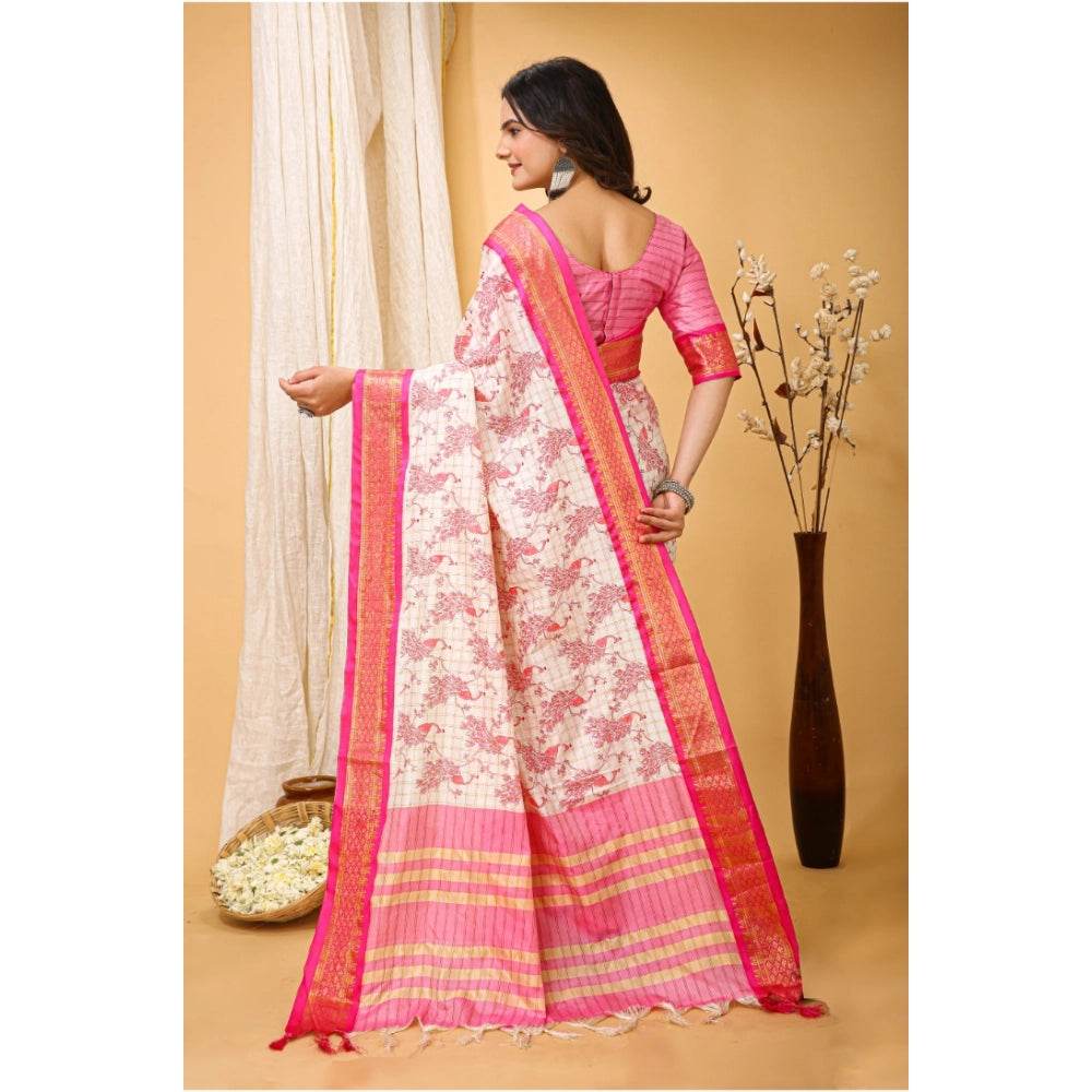 Generic Women's Soft Cotton Silk Printed Saree With Unstitched Blouse 5.5Mtr (Pink) - MYLUXURY LANE ENTERPRISE