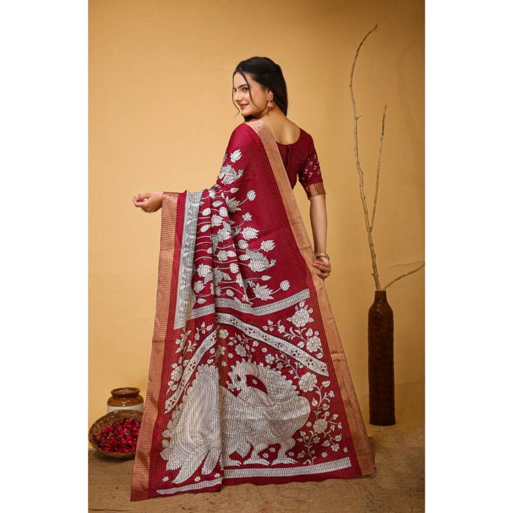 Generic Women's Soft Handloom Cotton Kalamkari Printed Saree With Unstitched Blouse 5.5Mtr (Maroon) - MYLUXURY LANE ENTERPRISE