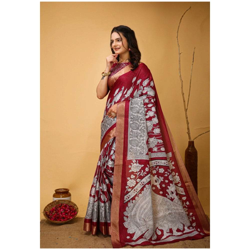 Generic Women's Soft Handloom Cotton Kalamkari Printed Saree With Unstitched Blouse 5.5Mtr (Maroon) - MYLUXURY LANE ENTERPRISE