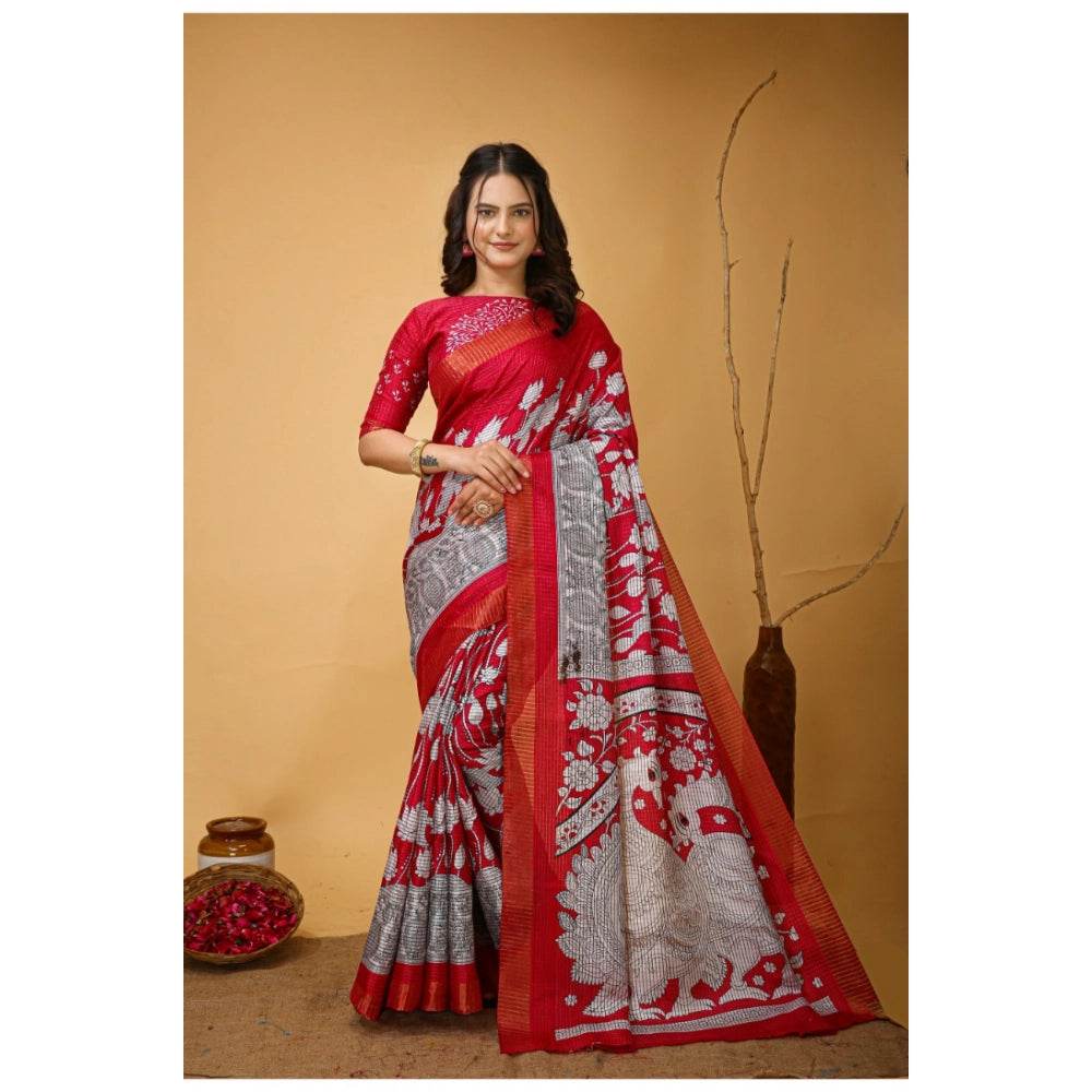 Generic Women's Soft Handloom Cotton Kalamkari Printed Saree With Unstitched Blouse 5.5Mtr (Pink) - MYLUXURY LANE ENTERPRISE