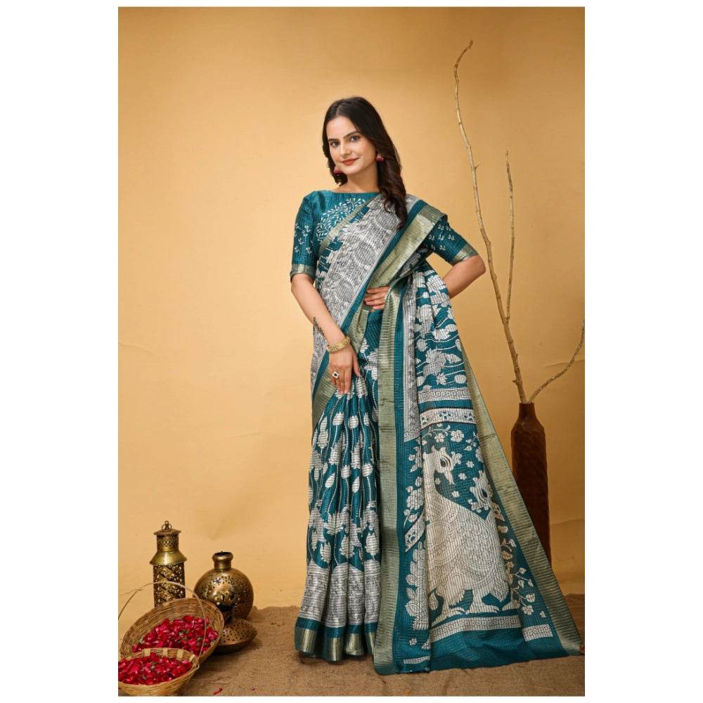 Generic Women's Soft Handloom Cotton Kalamkari Printed Saree With Unstitched Blouse 5.5Mtr (Turquoise) - MYLUXURY LANE ENTERPRISE