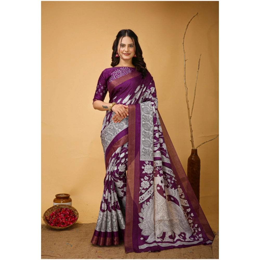 Generic Women's Soft Handloom Cotton Kalamkari Printed Saree With Unstitched Blouse 5.5Mtr (Purple) - MYLUXURY LANE ENTERPRISE