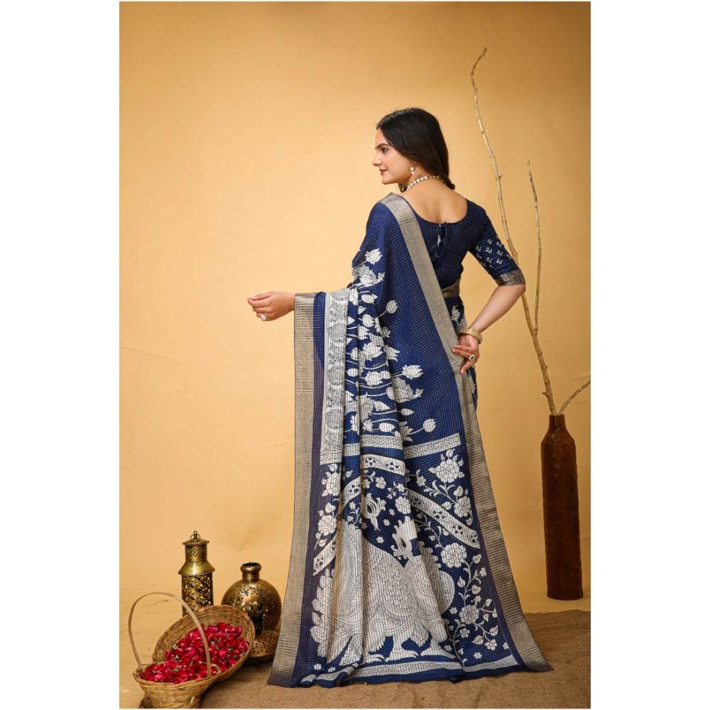 Generic Women's Soft Handloom Cotton Kalamkari Printed Saree With Unstitched Blouse 5.5Mtr (Blue) - MYLUXURY LANE ENTERPRISE