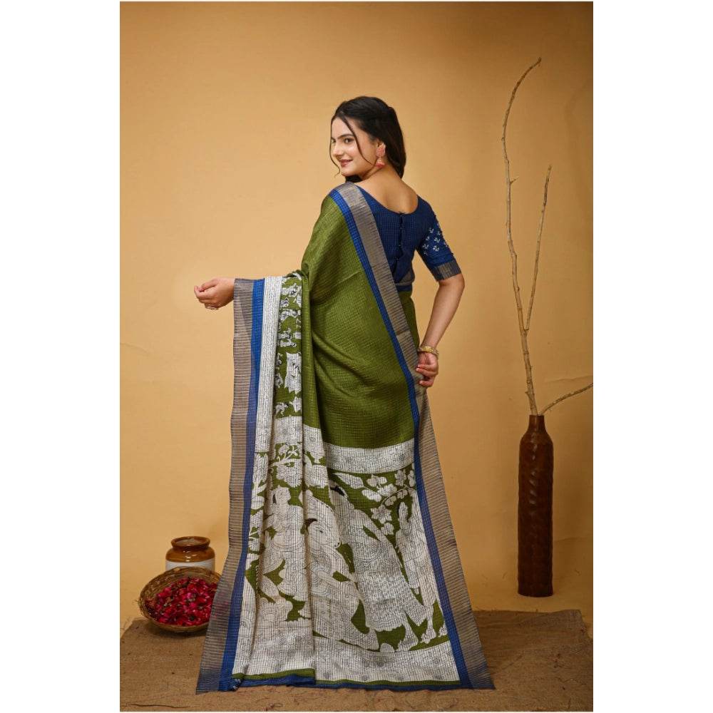 Generic Women's Soft Handloom Cotton Kalamkari Printed Saree With Unstitched Blouse 5.5Mtr (Mehendi) - MYLUXURY LANE ENTERPRISE