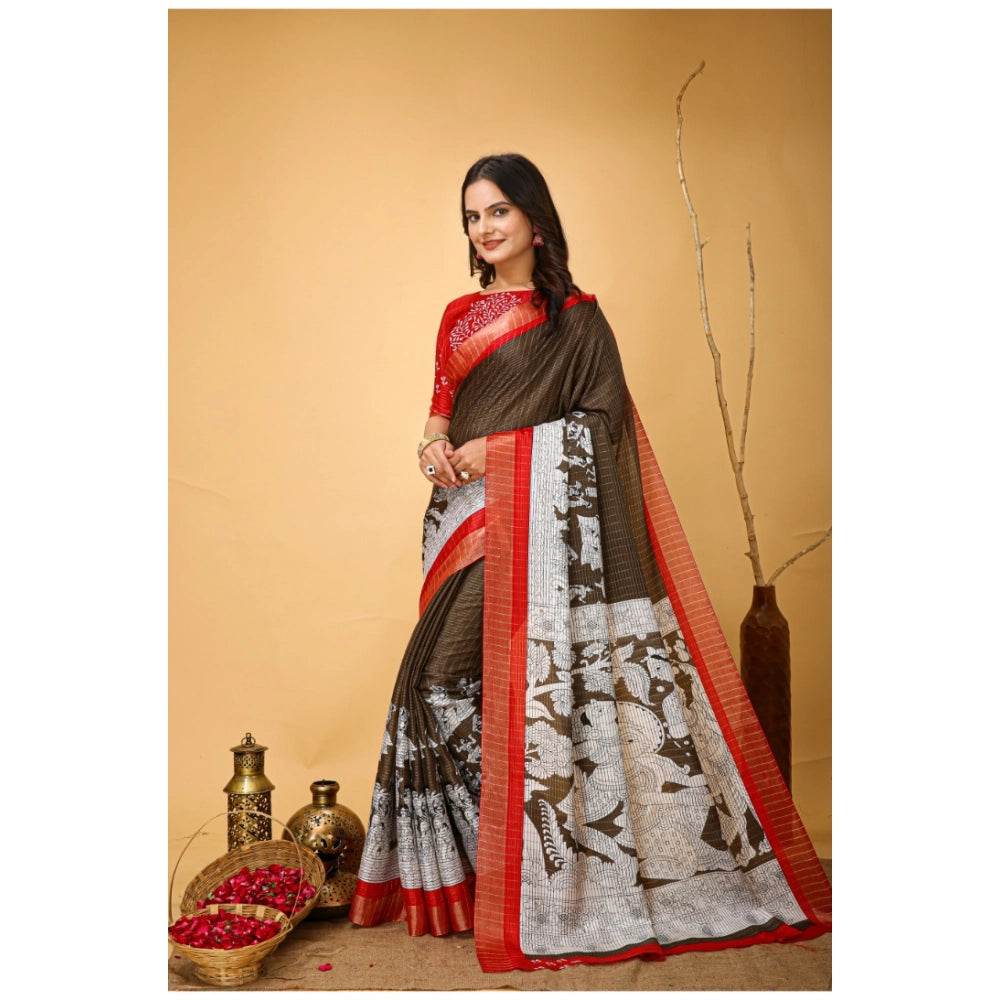 Generic Women's Soft Handloom Cotton Kalamkari Printed Saree With Unstitched Blouse 5.5Mtr (Brown) - MYLUXURY LANE ENTERPRISE