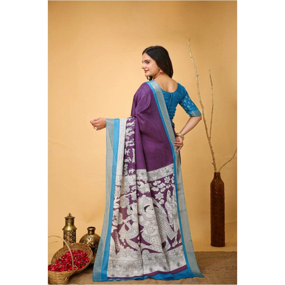 Generic Women's Soft Handloom Cotton Kalamkari Printed Saree With Unstitched Blouse 5.5Mtr (Purple) - MYLUXURY LANE ENTERPRISE