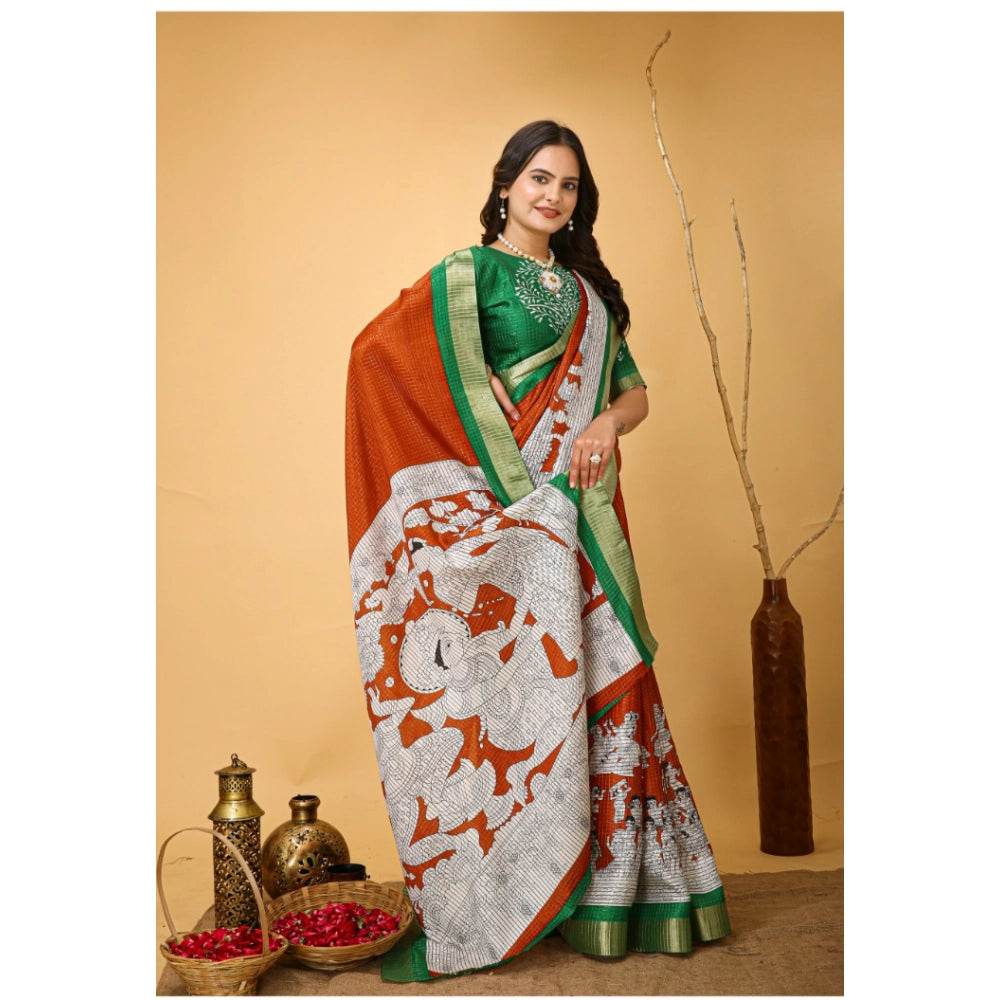 Generic Women's Soft Handloom Cotton Kalamkari Printed Saree With Unstitched Blouse 5.5Mtr (Orange) - MYLUXURY LANE ENTERPRISE