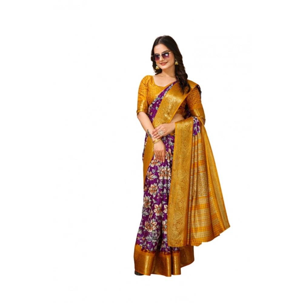 Generic Women's Soft Dola Cotton Kalamkari Printed Saree With Unstitched Blouse 5.5Mtr (Purple) - MYLUXURY LANE ENTERPRISE