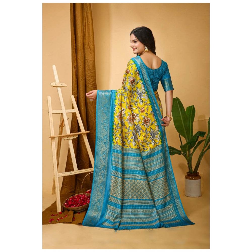 Generic Women's Soft Dola Cotton Kalamkari Printed Saree With Unstitched Blouse 5.5Mtr (Yellow) - MYLUXURY LANE ENTERPRISE