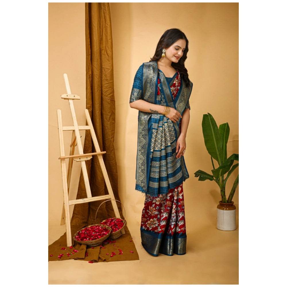 Generic Women's Soft Dola Cotton Kalamkari Printed Saree With Unstitched Blouse 5.5Mtr (Red) - MYLUXURY LANE ENTERPRISE