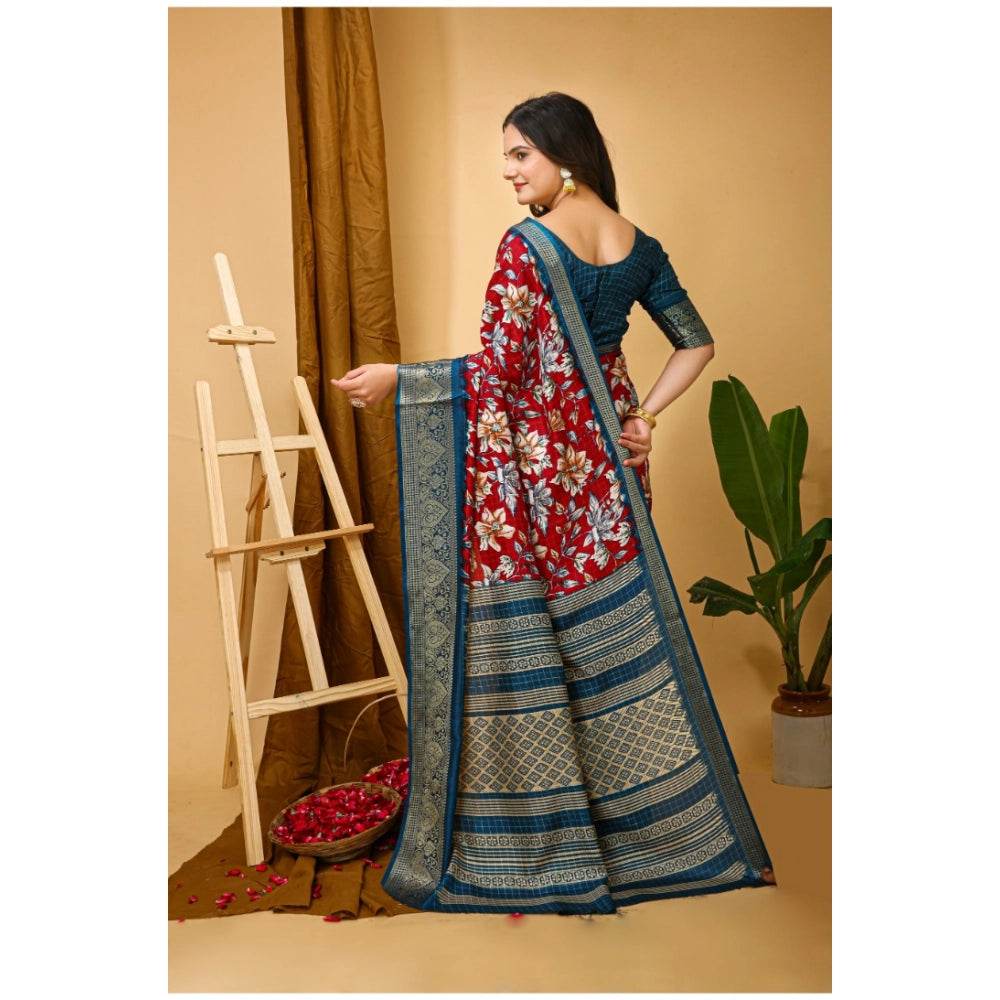 Generic Women's Soft Dola Cotton Kalamkari Printed Saree With Unstitched Blouse 5.5Mtr (Red) - MYLUXURY LANE ENTERPRISE