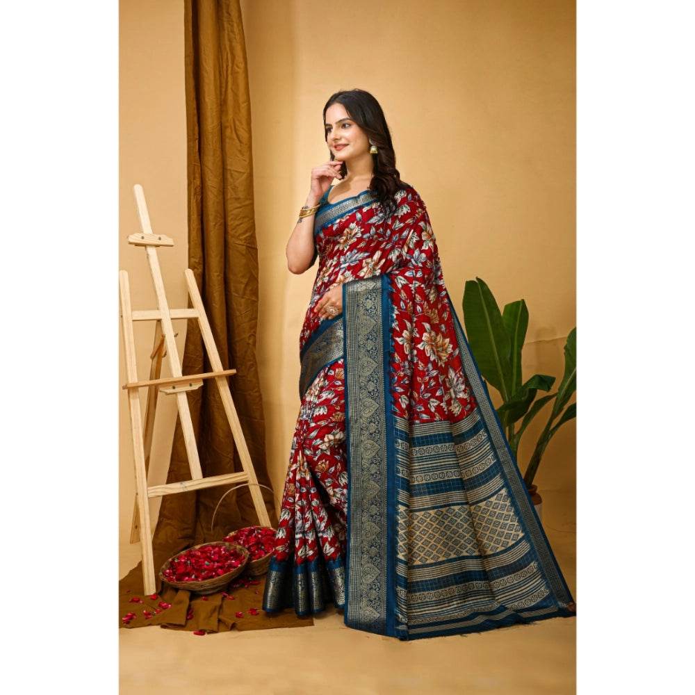 Generic Women's Soft Dola Cotton Kalamkari Printed Saree With Unstitched Blouse 5.5Mtr (Red) - MYLUXURY LANE ENTERPRISE