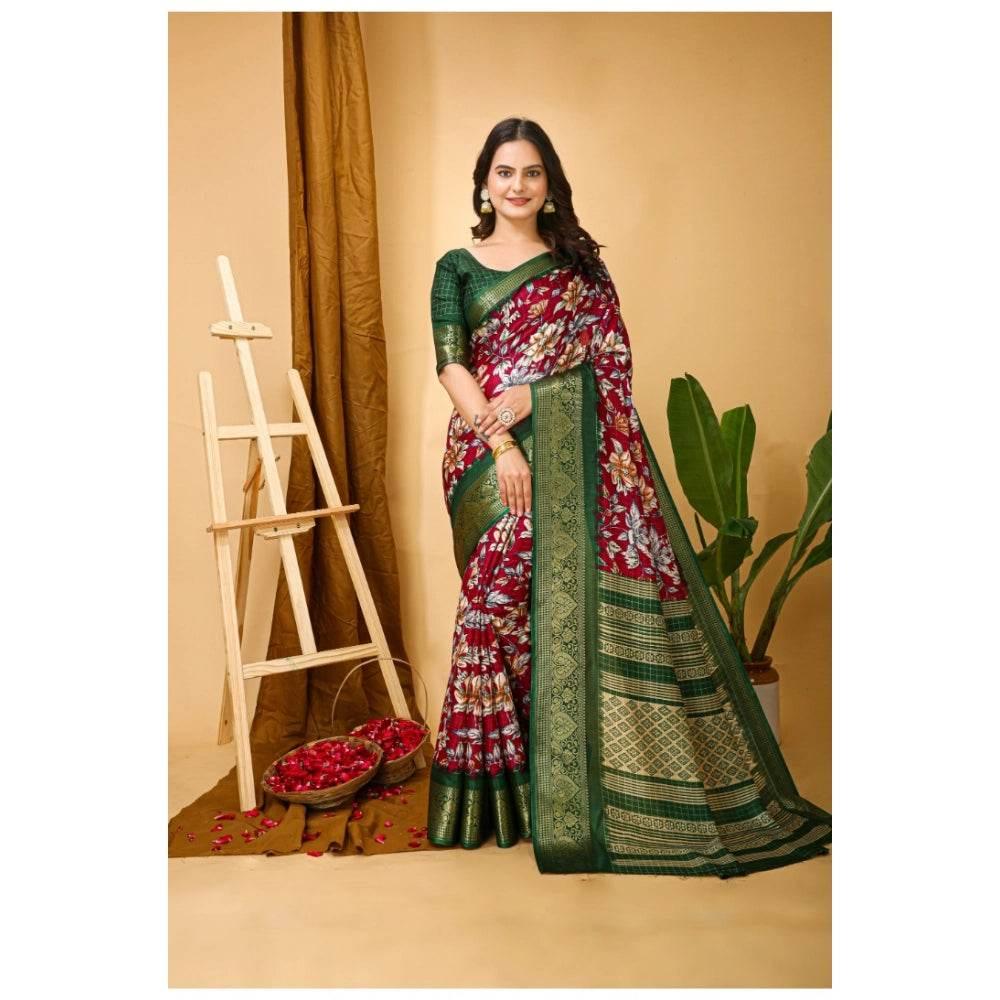 Generic Women's Soft Dola Cotton Kalamkari Printed Saree With Unstitched Blouse 5.5Mtr (Maroon) - MYLUXURY LANE ENTERPRISE