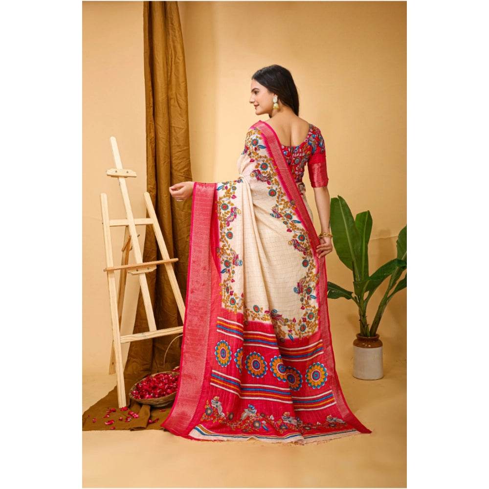 Generic Women's Soft Dola Cotton Kalamkari Printed Saree With Unstitched Blouse 5.5Mtr (Red) - MYLUXURY LANE ENTERPRISE