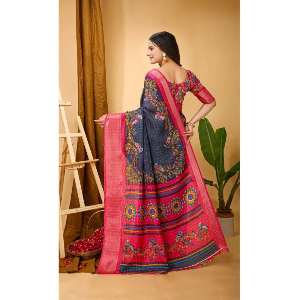 Generic Women's Soft Dola Cotton Kalamkari Printed Saree With Unstitched Blouse 5.5Mtr (Grey) - MYLUXURY LANE ENTERPRISE