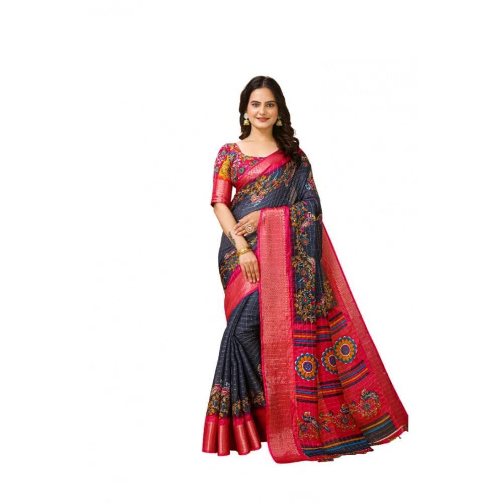 Generic Women's Soft Dola Cotton Kalamkari Printed Saree With Unstitched Blouse 5.5Mtr (Grey) - MYLUXURY LANE ENTERPRISE