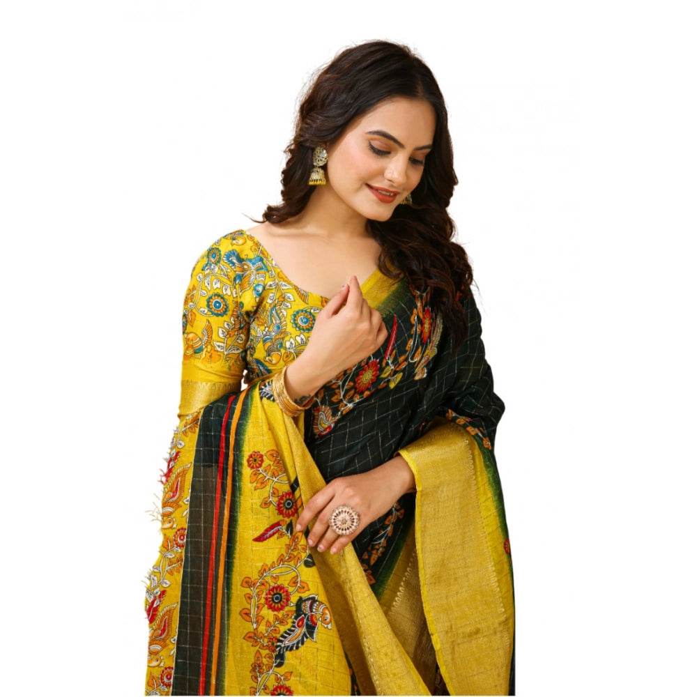 Generic Women's Soft Dola Cotton Kalamkari Printed Saree With Unstitched Blouse 5.5Mtr (Green) - MYLUXURY LANE ENTERPRISE