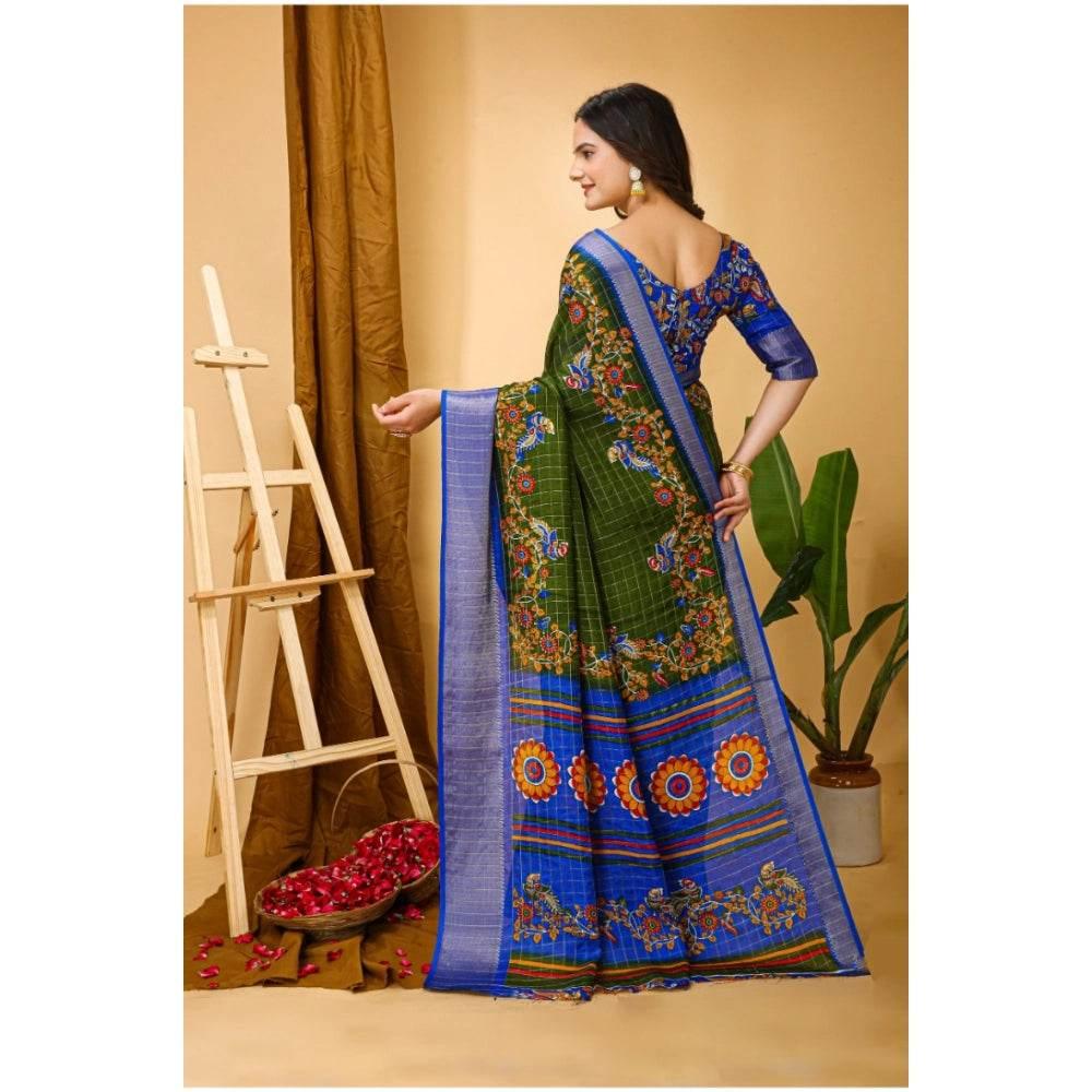 Generic Women's Soft Dola Cotton Kalamkari Printed Saree With Unstitched Blouse 5.5Mtr (Mehendi) - MYLUXURY LANE ENTERPRISE