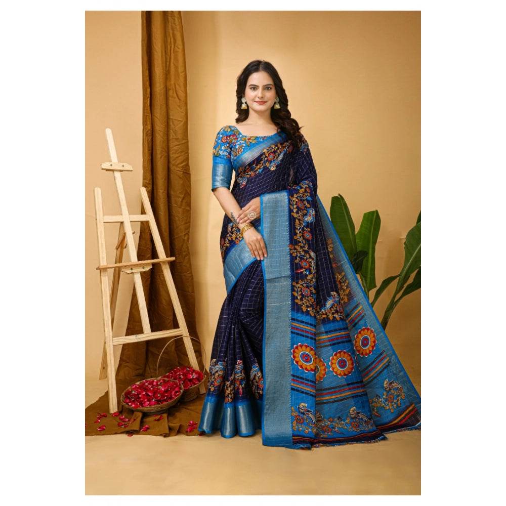 Generic Women's Soft Dola Cotton Kalamkari Printed Saree With Unstitched Blouse 5.5Mtr (Navy Blue) - MYLUXURY LANE ENTERPRISE