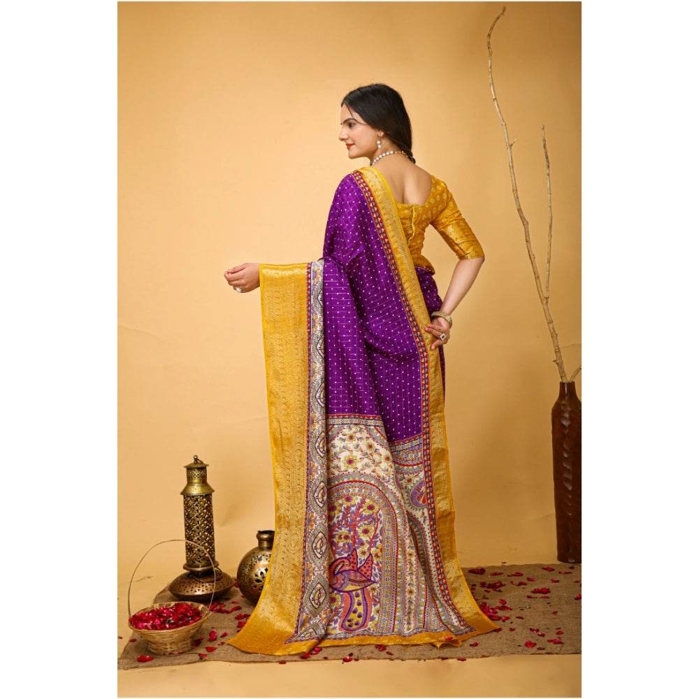 Generic Women's Soft Dola Cotton Kalamkari Printed Saree With Unstitched Blouse 5.5Mtr (Purple) - MYLUXURY LANE ENTERPRISE