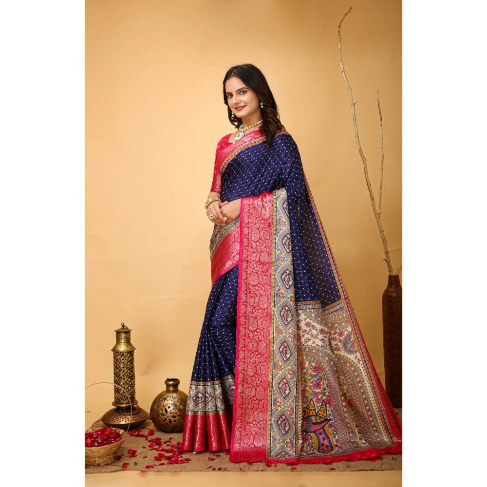 Generic Women's Soft Dola Cotton Kalamkari Printed Saree With Unstitched Blouse 5.5Mtr (Navy Blue) - MYLUXURY LANE ENTERPRISE