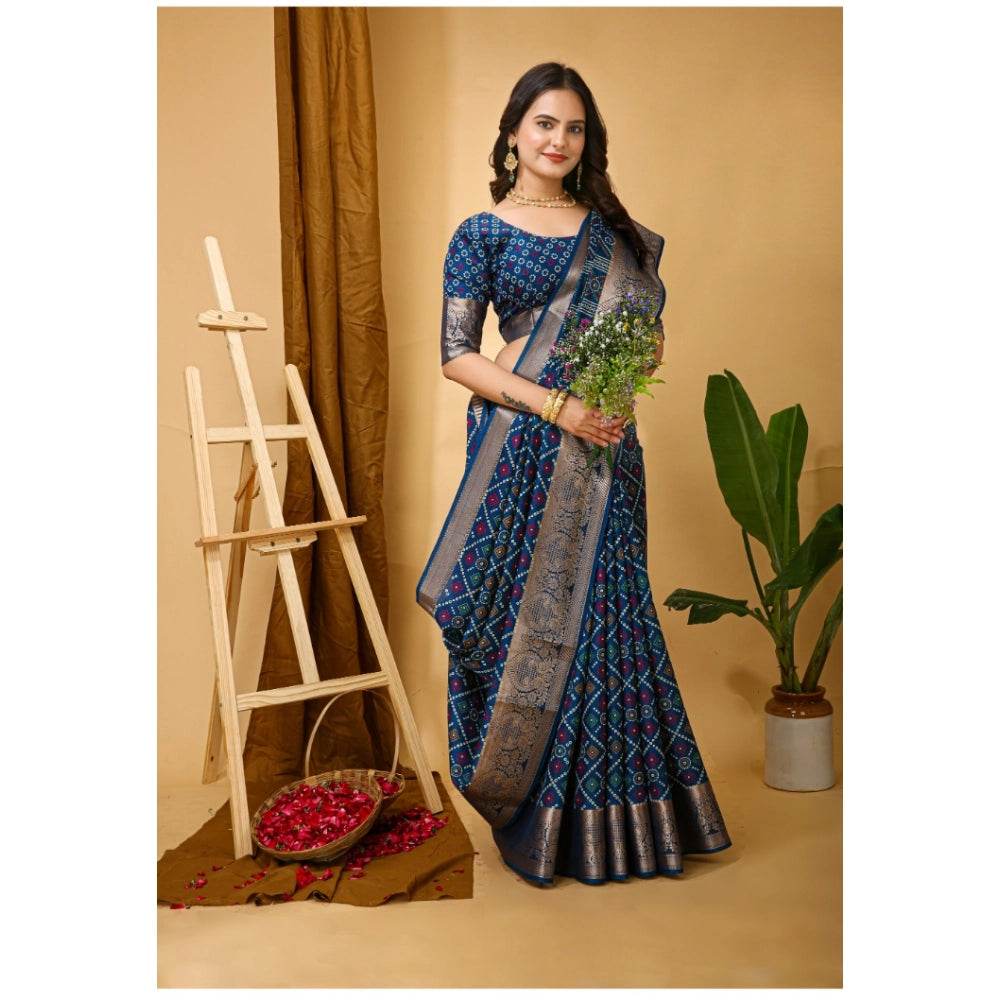 Generic Women's Soft Dola Cotton Kalamkari Printed Saree With Unstitched Blouse 5.5Mtr (Blue) - MYLUXURY LANE ENTERPRISE
