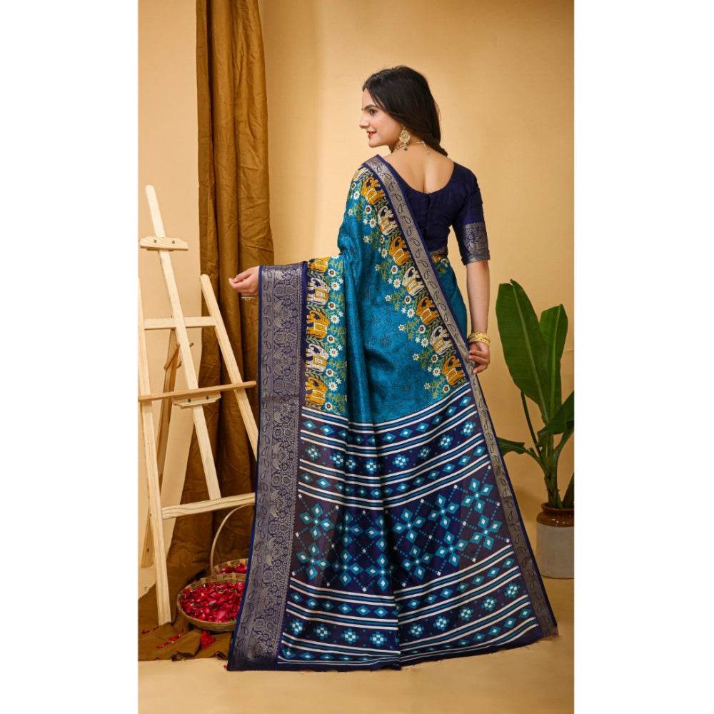 Generic Women's Soft Dola Cotton Kalamkari Printed Saree With Unstitched Blouse 5.5Mtr (Blue) - MYLUXURY LANE ENTERPRISE