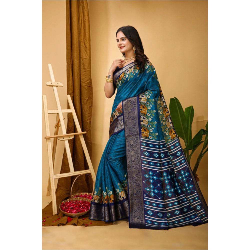 Generic Women's Soft Dola Cotton Kalamkari Printed Saree With Unstitched Blouse 5.5Mtr (Blue) - MYLUXURY LANE ENTERPRISE