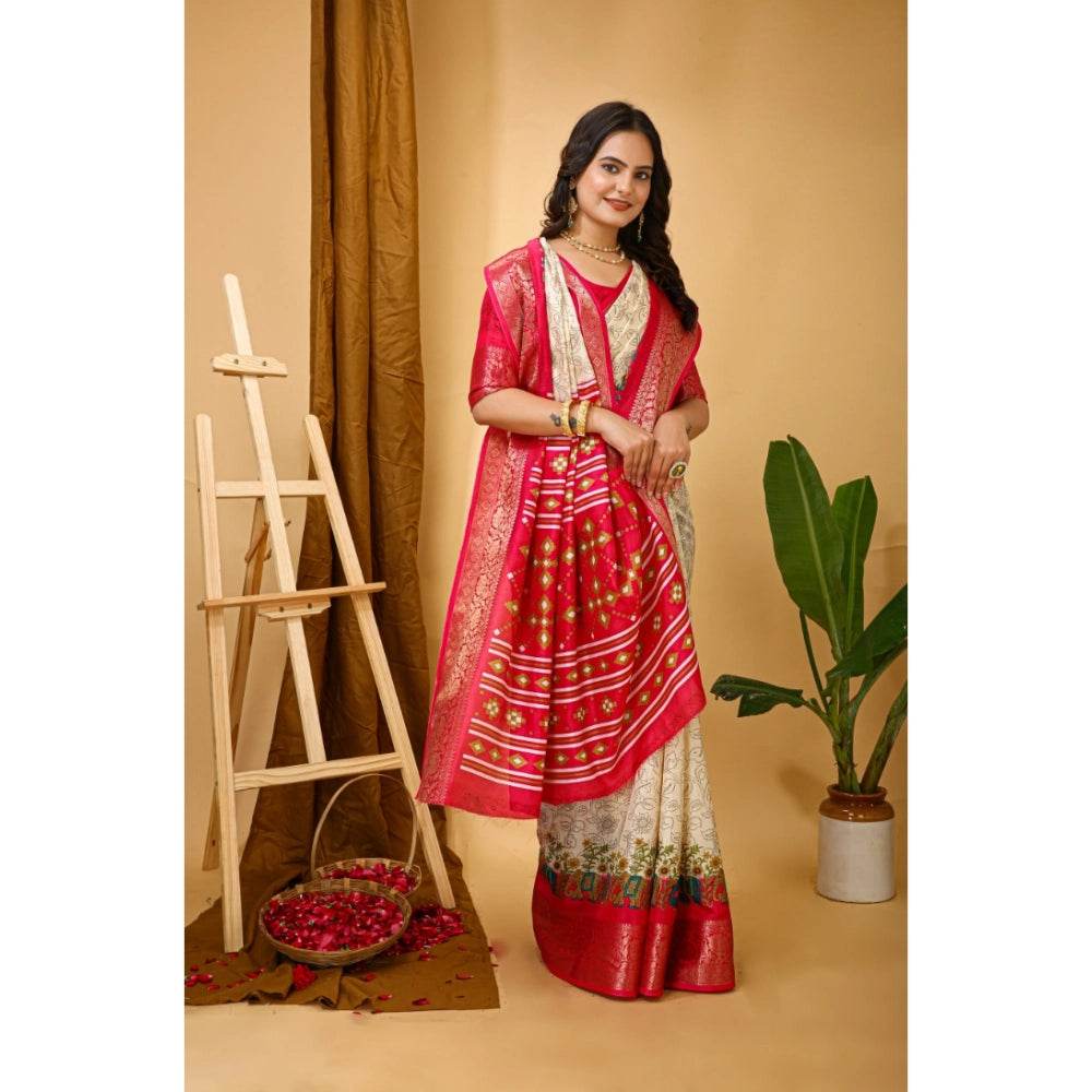 Generic Women's Soft Dola Cotton Kalamkari Printed Saree With Unstitched Blouse 5.5Mtr (White) - MYLUXURY LANE ENTERPRISE