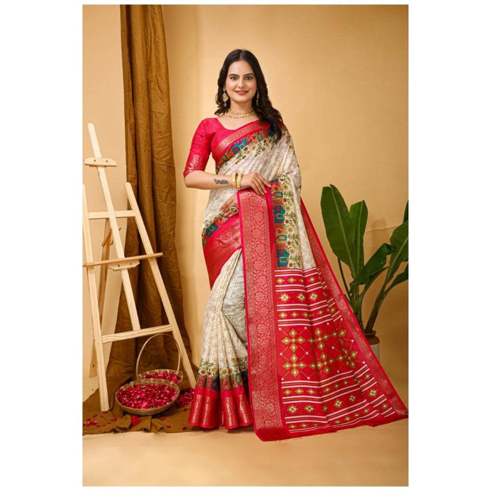 Generic Women's Soft Dola Cotton Kalamkari Printed Saree With Unstitched Blouse 5.5Mtr (White) - MYLUXURY LANE ENTERPRISE