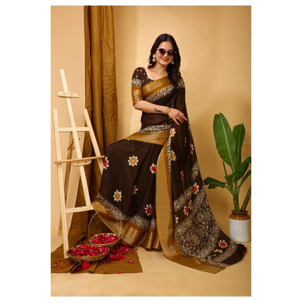 Generic Women's Soft Blooming Marshmallow Fabric Kalamkari Printed Saree With Unstitched Blouse 5.5Mtr (Brown) - MYLUXURY LANE ENTERPRISE