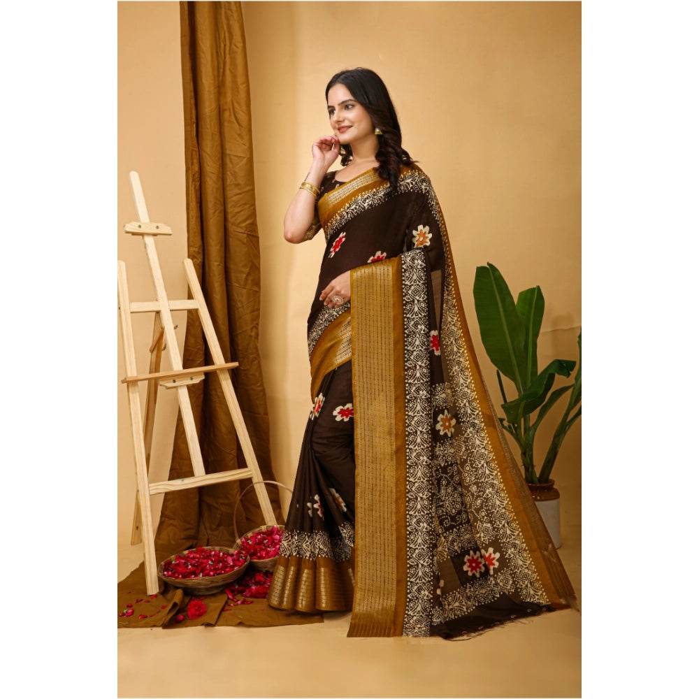 Generic Women's Soft Blooming Marshmallow Fabric Kalamkari Printed Saree With Unstitched Blouse 5.5Mtr (Brown) - MYLUXURY LANE ENTERPRISE