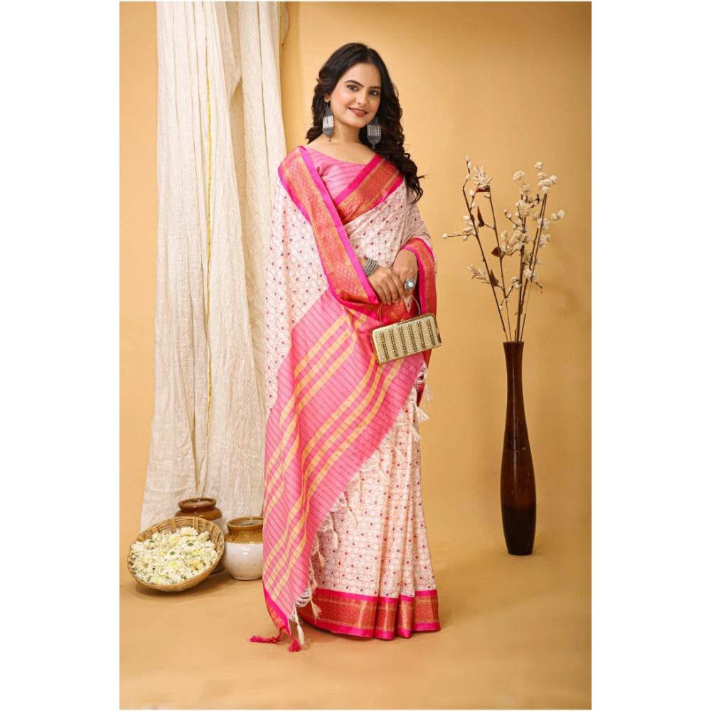 Generic Women's Soft Cotton Silk Printed Saree With Unstitched Blouse 5.5Mtr (Pink) - MYLUXURY LANE ENTERPRISE