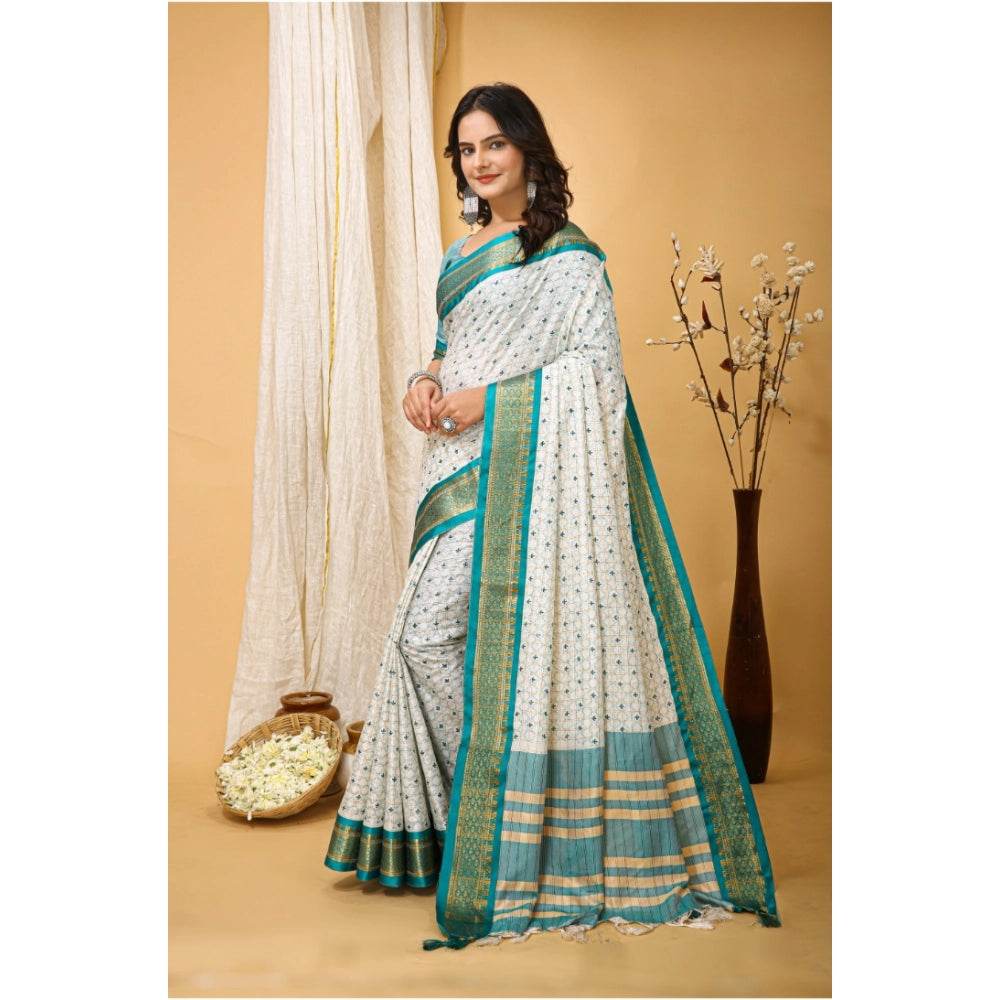 Generic Women's Soft Cotton Silk Printed Saree With Unstitched Blouse 5.5Mtr (Rama Green) - MYLUXURY LANE ENTERPRISE