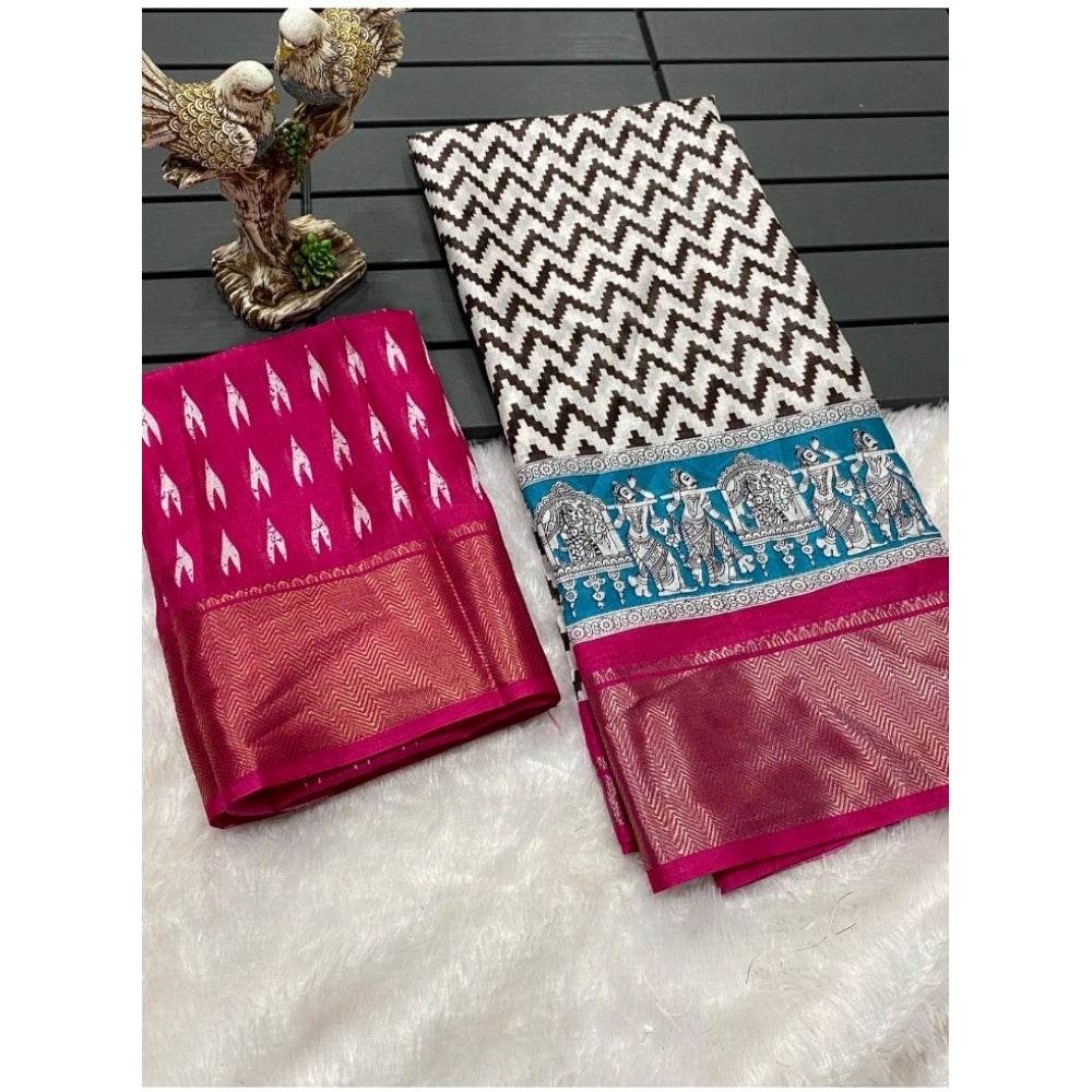 Generic Women's Soft Dola Cotton Kalamkari Printed Saree With Unstitched Blouse 5.5Mtr (Pink) - MYLUXURY LANE ENTERPRISE