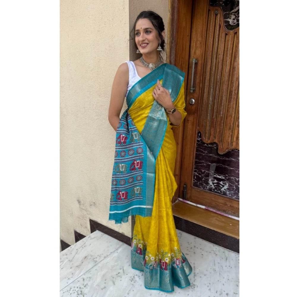 Generic Women's Soft Dola Cotton Kalamkari Printed Saree With Unstitched Blouse 5.5Mtr (Mustard) - MYLUXURY LANE ENTERPRISE
