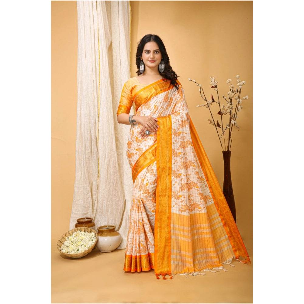 Generic Women's Soft Cotton Silk Printed Saree With Unstitched Blouse 5.5Mtr (Yellow) - MYLUXURY LANE ENTERPRISE