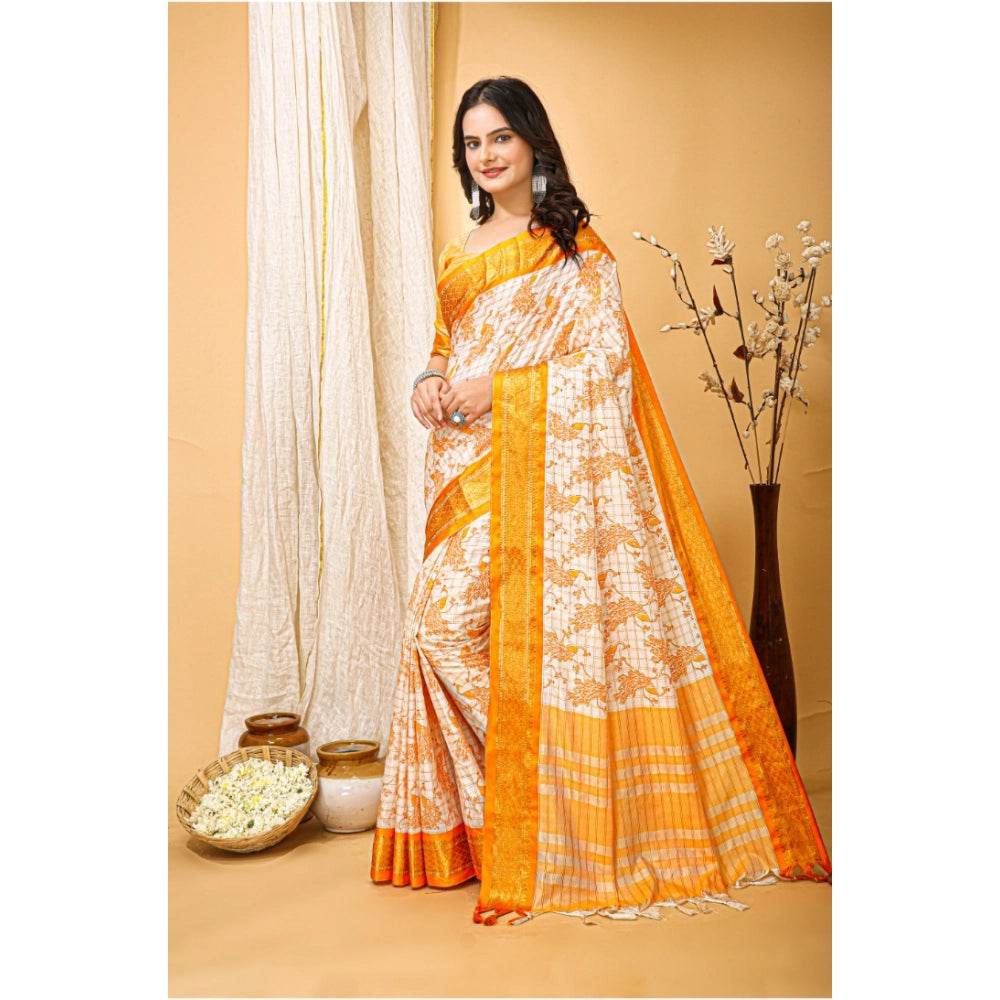 Generic Women's Soft Cotton Silk Printed Saree With Unstitched Blouse 5.5Mtr (Yellow) - MYLUXURY LANE ENTERPRISE