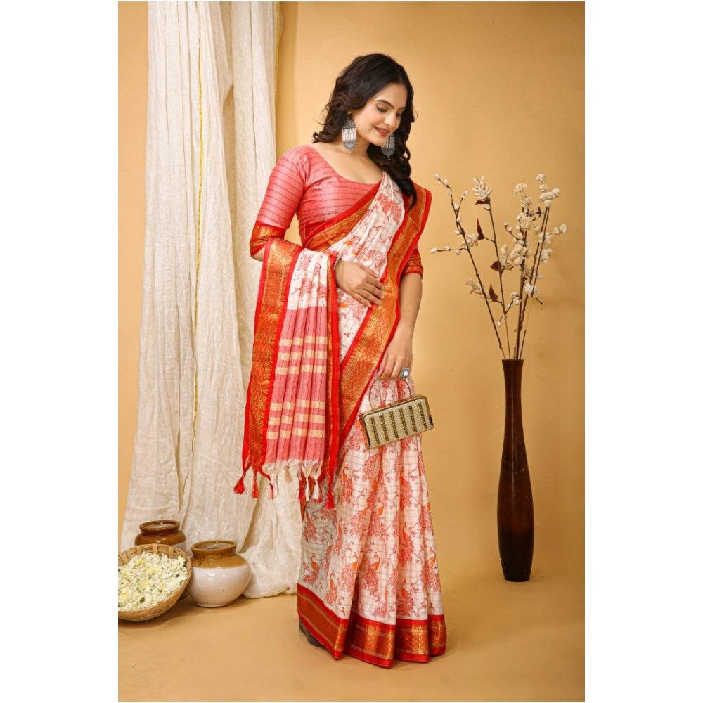 Generic Women's Soft Cotton Silk Printed Saree With Unstitched Blouse 5.5Mtr (Red) - MYLUXURY LANE ENTERPRISE