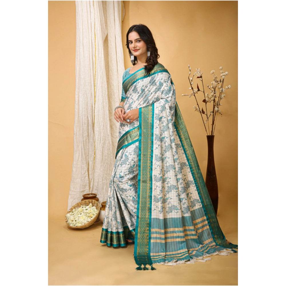 Generic Women's Soft Cotton Silk Printed Saree With Unstitched Blouse 5.5Mtr (Turquoise) - MYLUXURY LANE ENTERPRISE