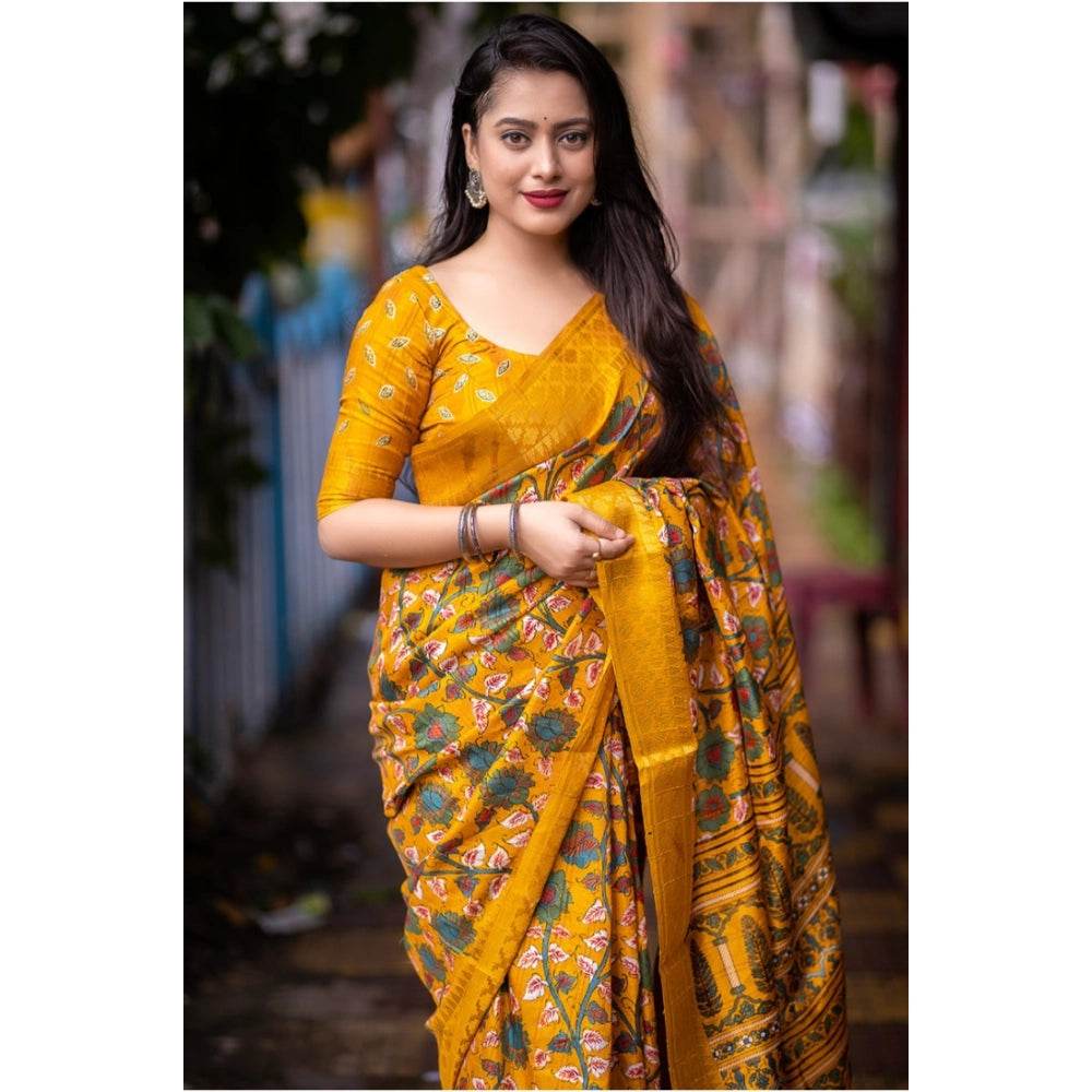 Generic Women's Soft Dola Cotton Kalamkari Printed Saree With Unstitched Blouse 5.5Mtr (Yellow) - MYLUXURY LANE ENTERPRISE